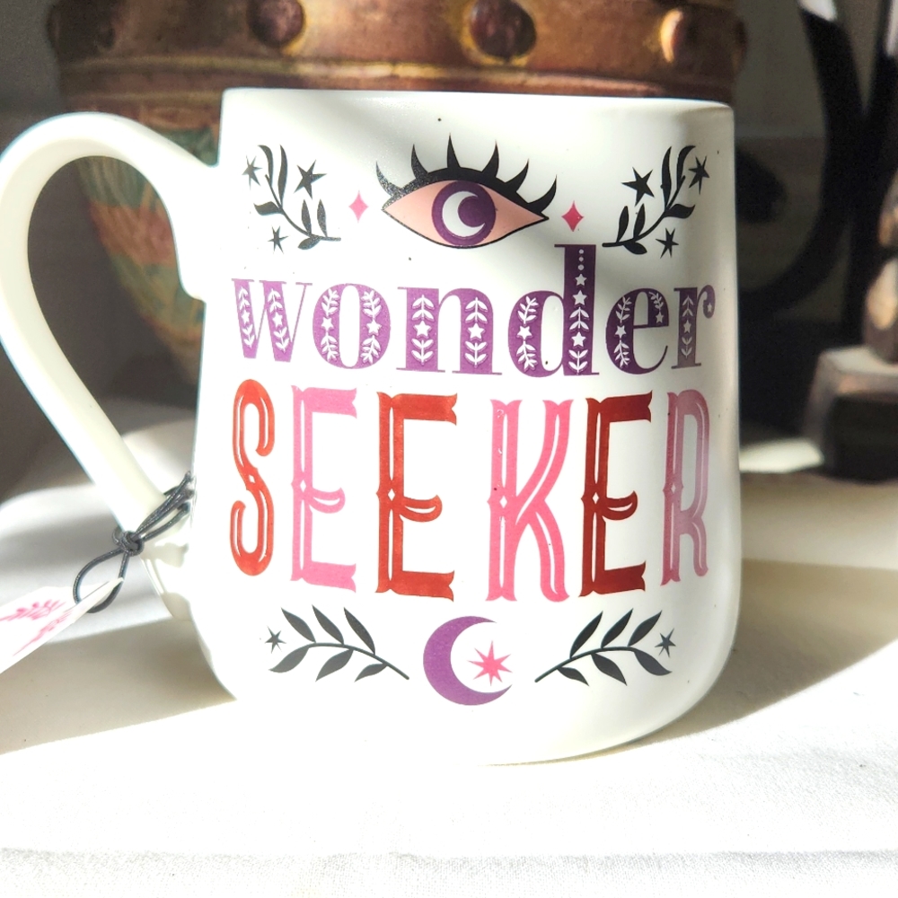 "Wonder Seeker" Boho Ceramic Mug, generous size. NEW with gift tag